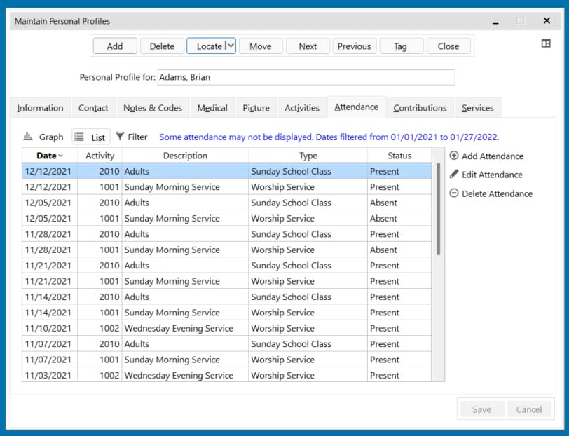 PowerChurch Plus tracking attendance.