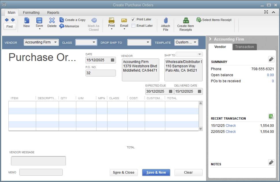 Sample image of QuickBooks Retail Edition in creating a new purchase order.