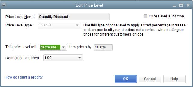 QuickBooks Manufacturing and Wholesale's edit price level page.