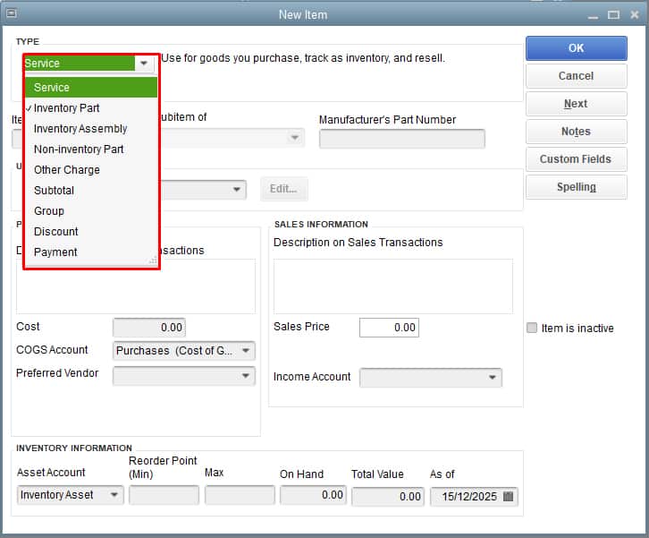 QuickBooks Premier Manufacturing's type of inventory item for adding new item.