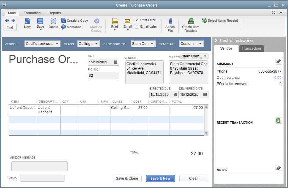 Sample image of QuickBooks Manufacturing and Wholesale in creating a purchase order.