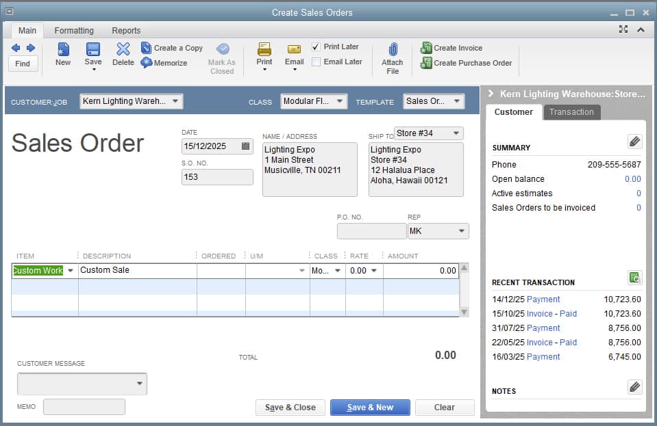 QuickBooks Premier Manufacturing's creating sales order.