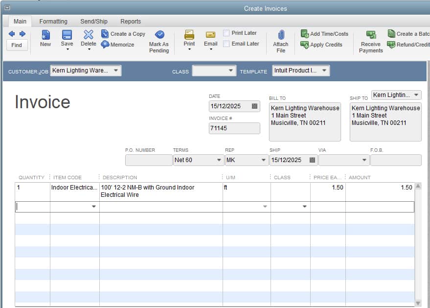 Sample image of QuickBooks Premier Retail Edition in creating new invoice.