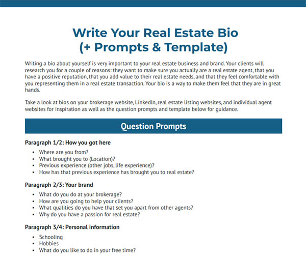 Realtor Bio Template With Writing Prompts