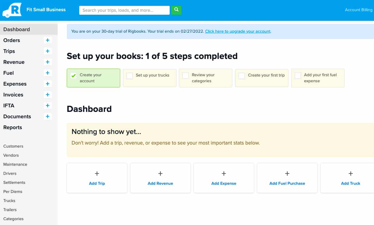 Sample dashboard of Rigbooks on where to setup your books.