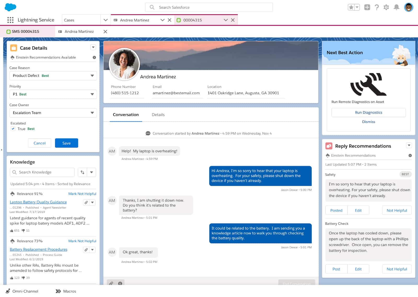 Andrea Martinez profile with sample conversation on Salesforce.