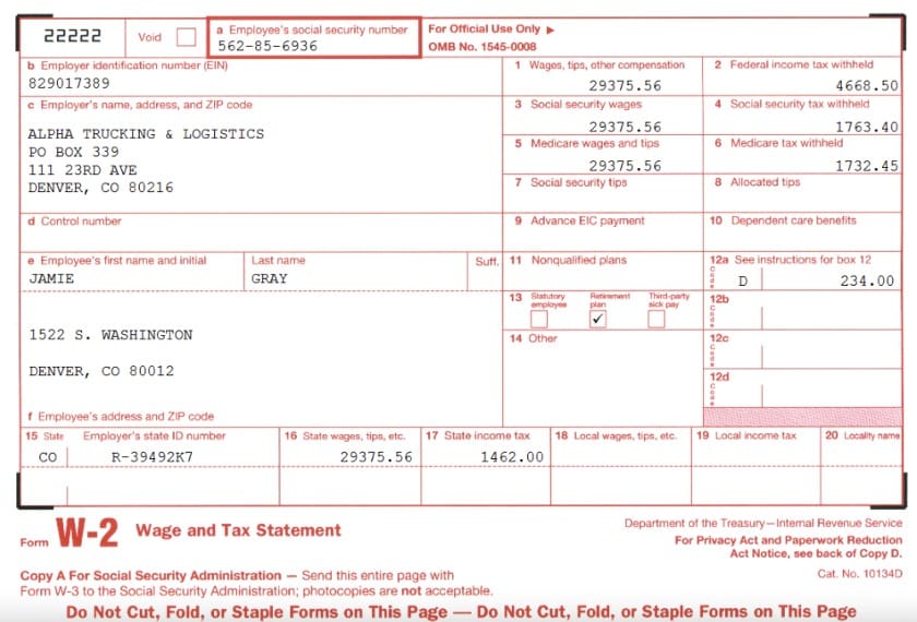 Sample Form W-2 Wage and tax Statement in Q7.