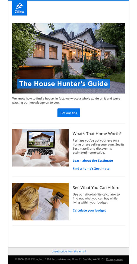 Sample email from Zillow provides multiple calls to action