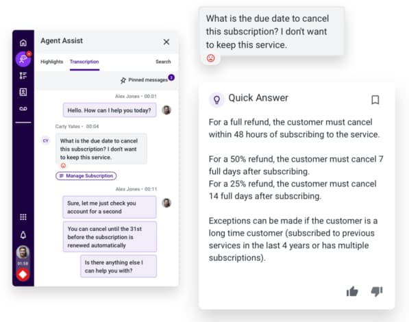 A sample conversation of Agent Assist from Talkdesk.