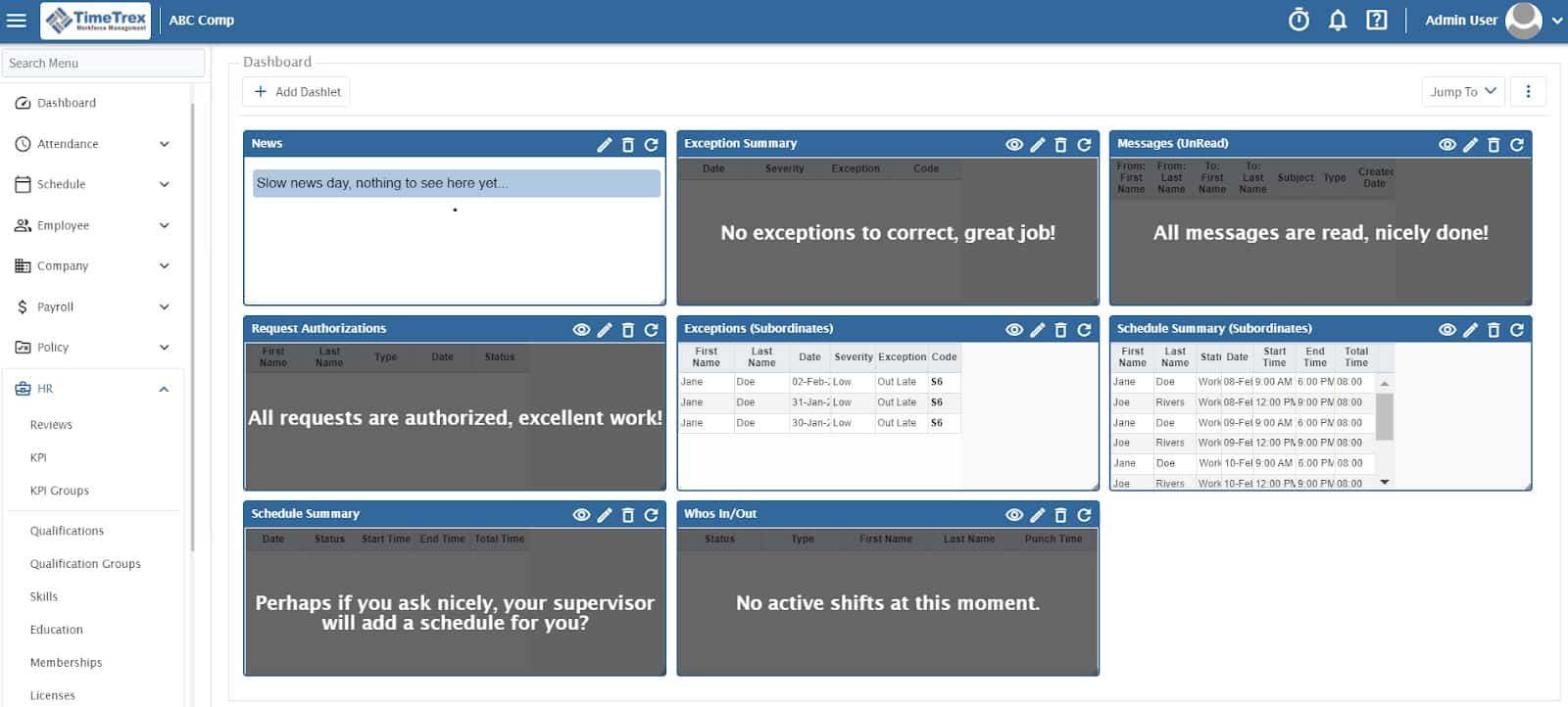 TimeTrex's dashboard with widgets.