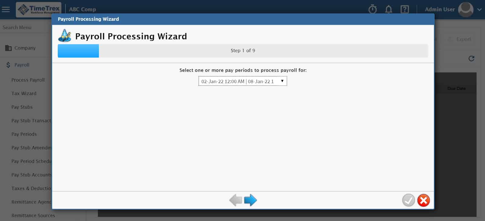 TimeTrex Payroll Processing Wizard step 1 of 9.