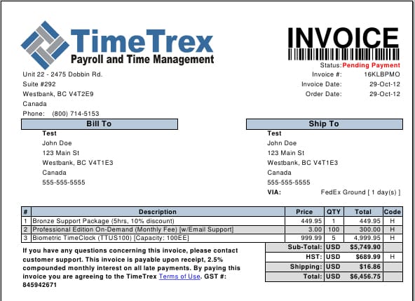 TimeTrex sample invoice.