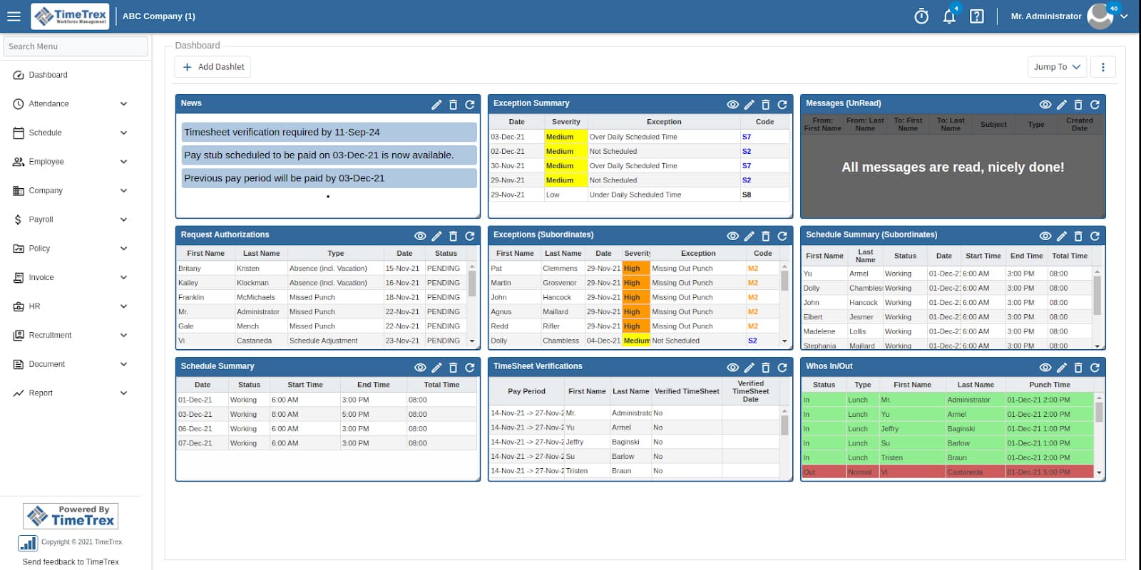 Sample image of TimeTrex’s main dashboard with widget like alerts, staff schedules, real-time attendance data and more.