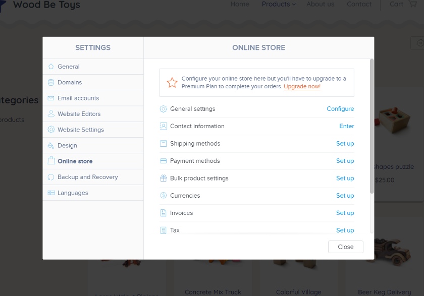 Webnode online store settings