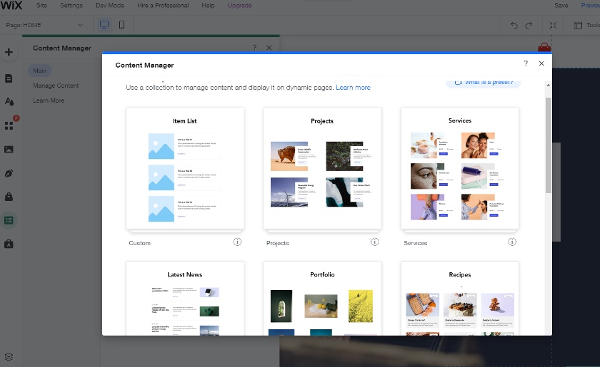 Wix content manager with pre-made content sections