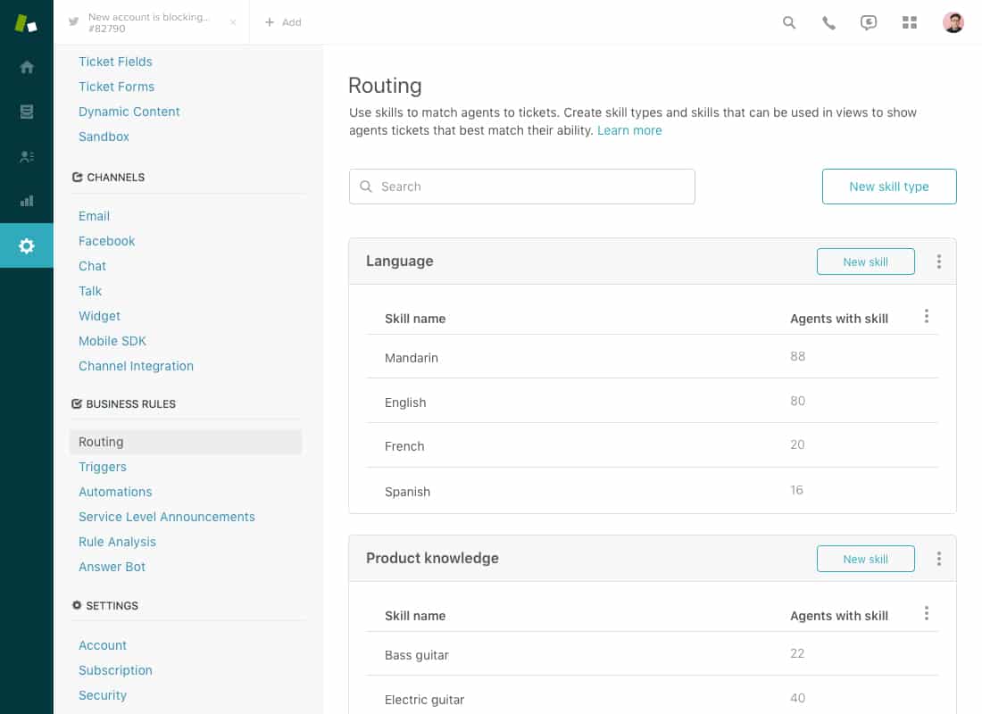 Zendesk skill-based routing.