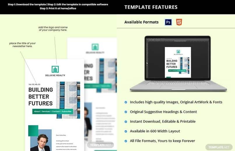 Showing a brand-building newsletter template on template.net.