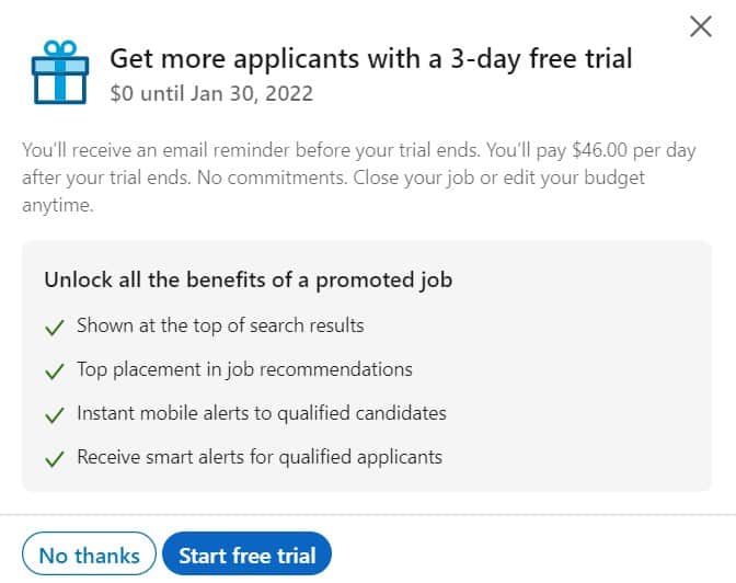 Choosing no thanks or start free trial.