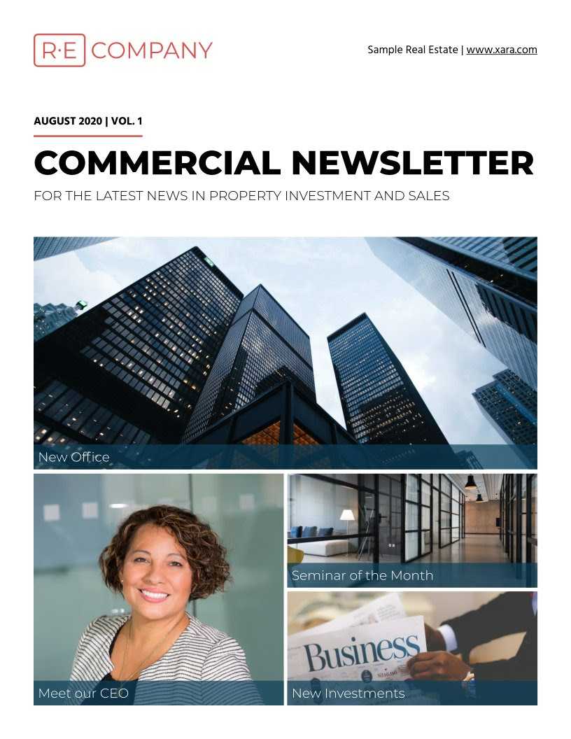 Showing a commercial real estate newsletter template on Xara.