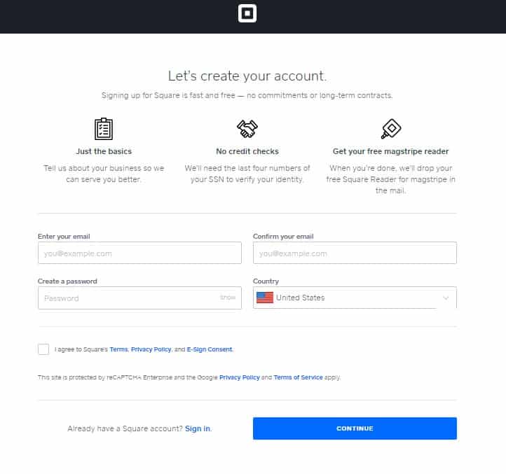 Showing sign up page of Square.