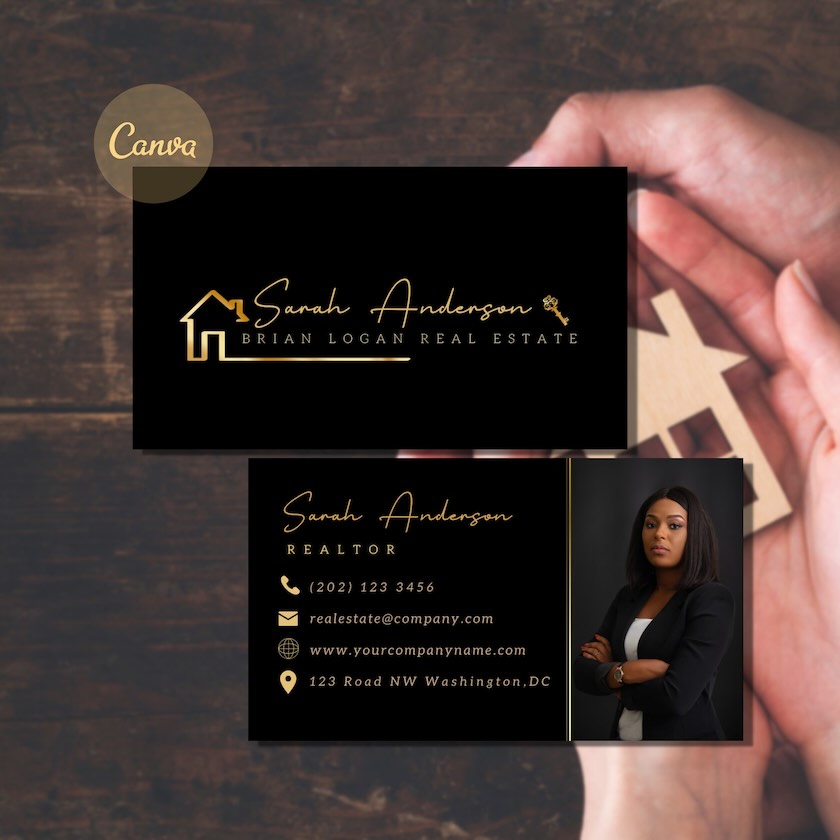 Example of a real estate business card with a gold theme.