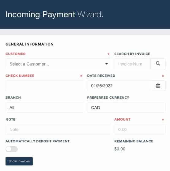 Showing incoming payment wizard in Tailwind TMS.