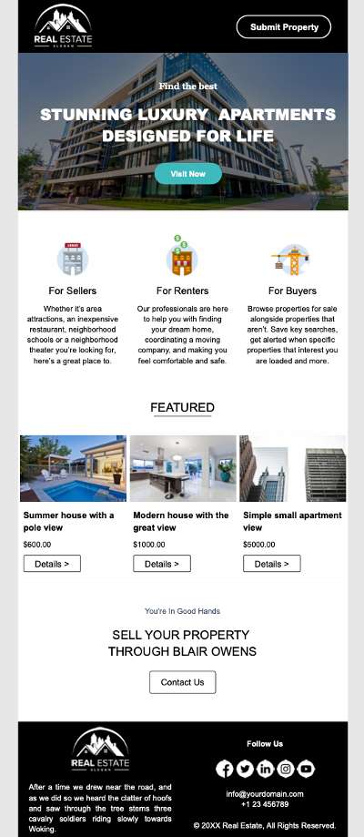 Showing an interactive real estate newsletter template on Unlayer.