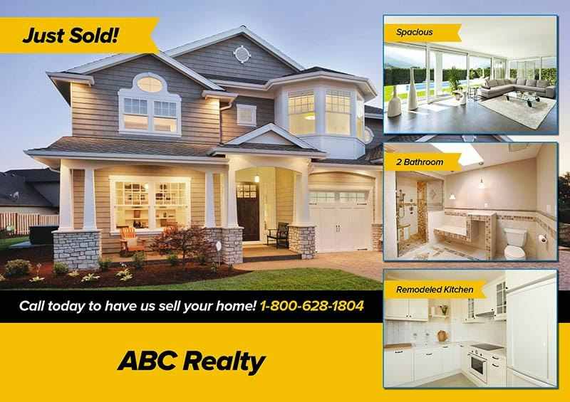 Showing just sold postcard of ABC realty with rooms.