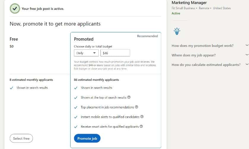 LinkedIn showing the estimated monthly applicants.