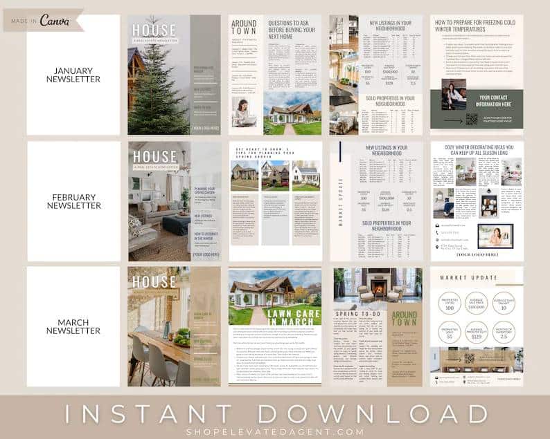 Showing a monthly real estate newsletter template bundle on Etsy.