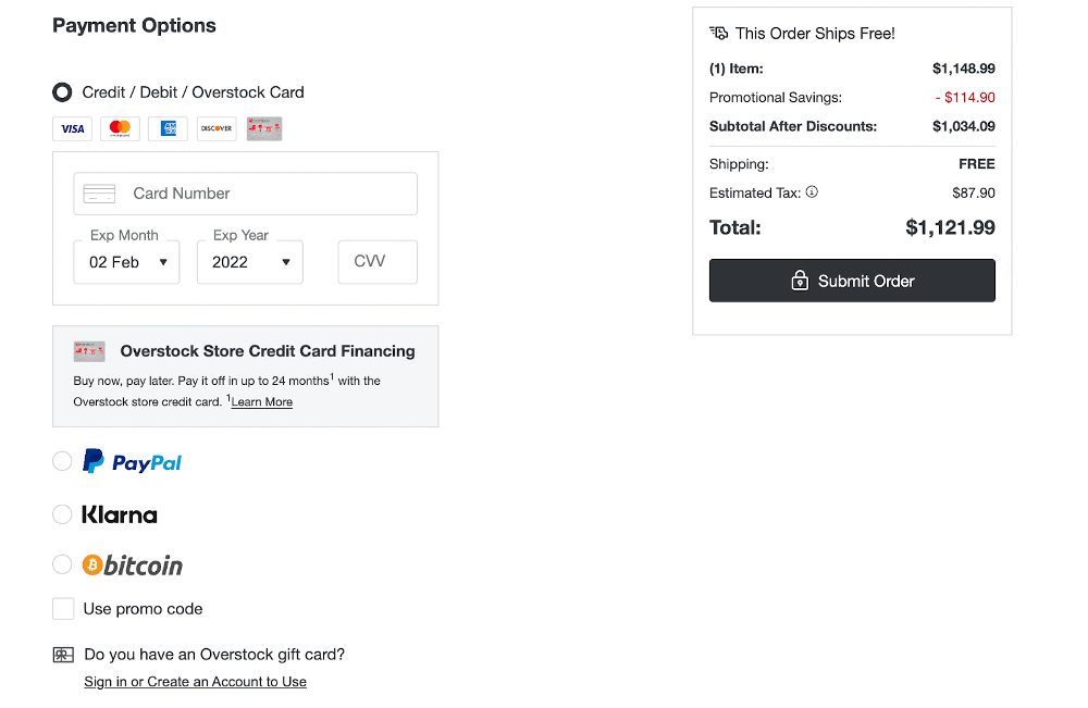 Showing how Overstock uses BitPay to accept Bitcoin as a payment method on online checkout.