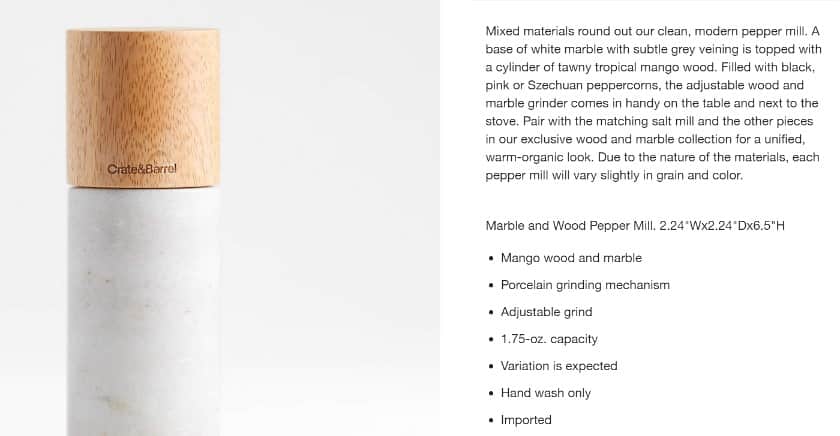 Showing a product description targets the primary keyword "pepper mill".
