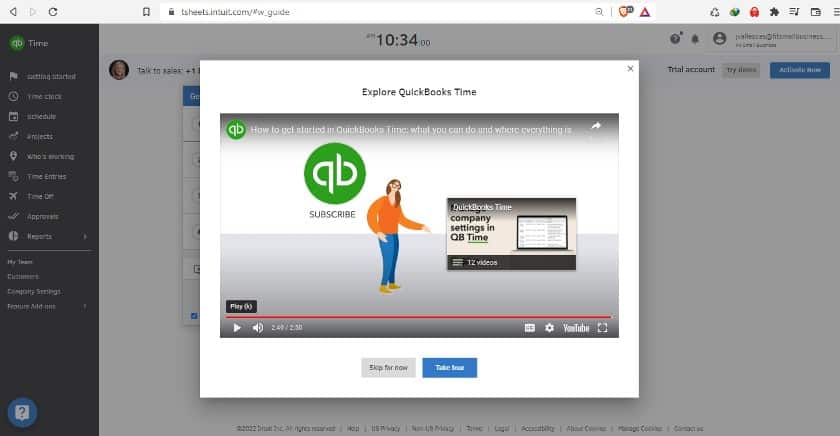 Showing QuickBooks time provides a quick tour to familiarize users with its features.