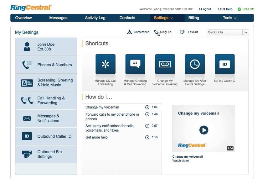 Showing RingCentral's user interface allowing subscribers some call controls.