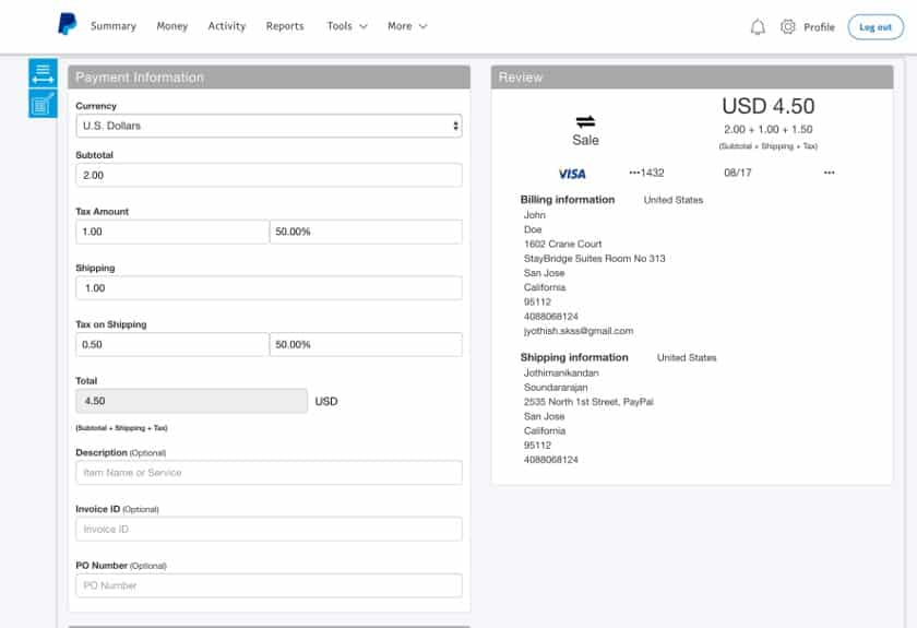 Showing a virtual terminal feature included in PayPal payment pro.