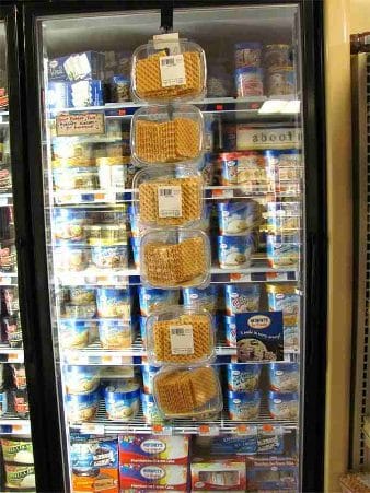 Showing waffle cone squares in the refridgerator.