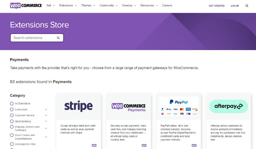 Showing 83 payment extensions of WooCommerce.