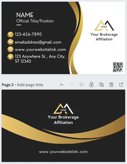Screenshot of a black and gold real estate business card.