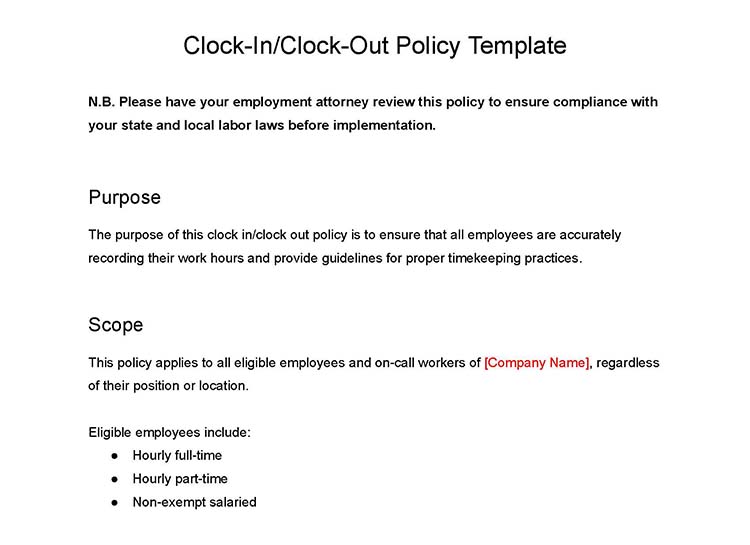 Clock-in clock-out policy template.