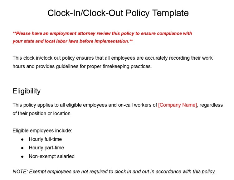 Clock-In-Clock-Out Policy Template.