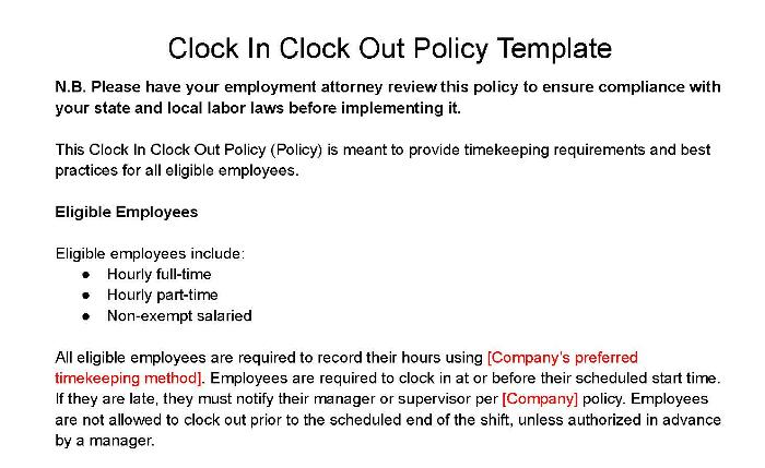 Showing clock-in clock-out policy template.