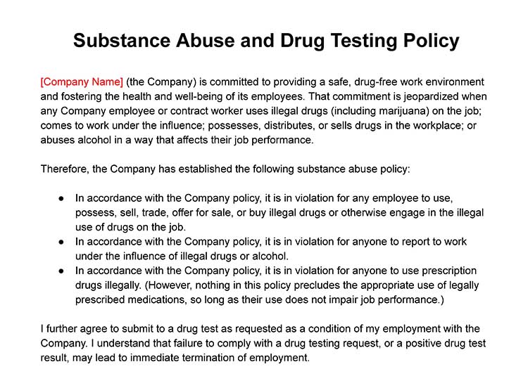 Substance abuse policy template.