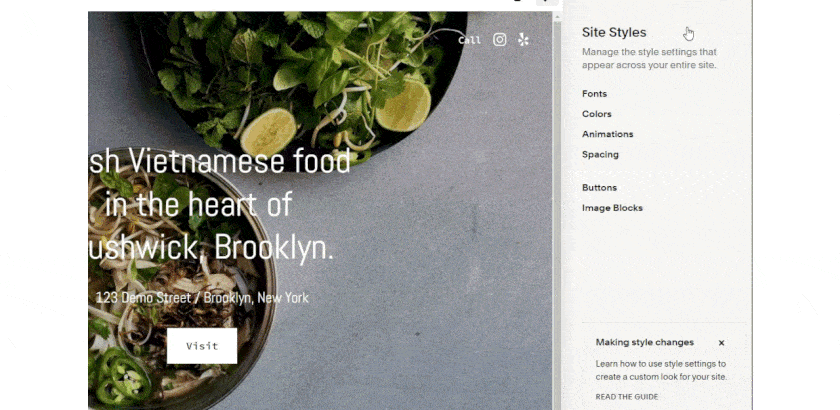 Changing the colors, fonts, and spacing and add animations to create visual interest when building a restaurant website on Squarespace.