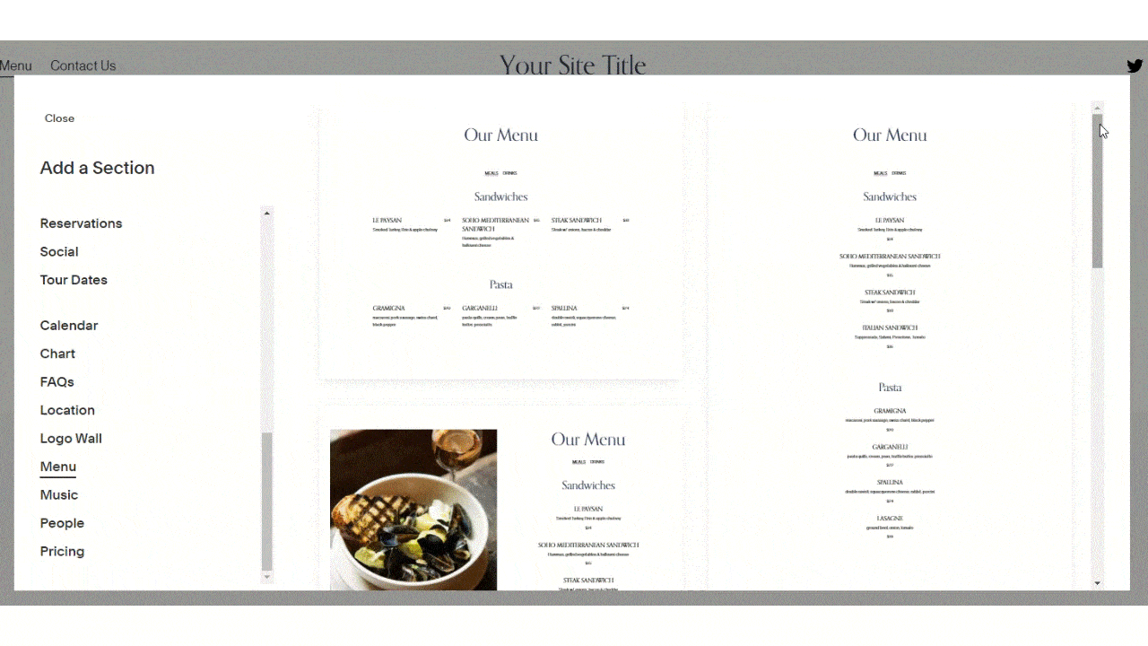 Squarespace’s premade menu layouts for restaurants.