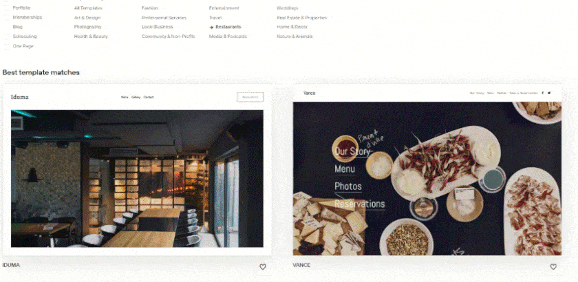 Some of Squarespace’s restaurant templates.