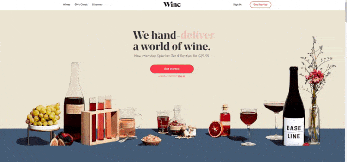 Wine company Winc's landing page from their website.