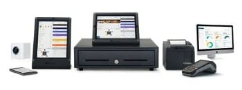 TouchBistro small venue point of sale kit including touchscreen terminal, cash drawer, card reader, and receipt printer.