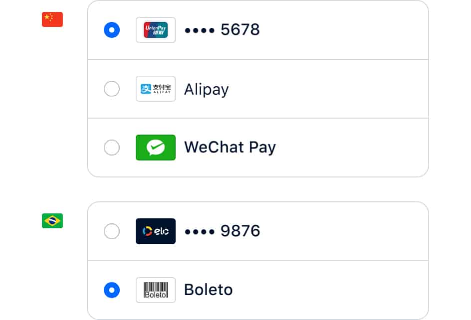 Adyen payment method selection for checkouts.