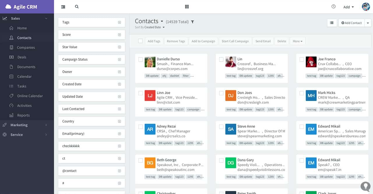 Sample image of Agile CRM's Contacts tab.