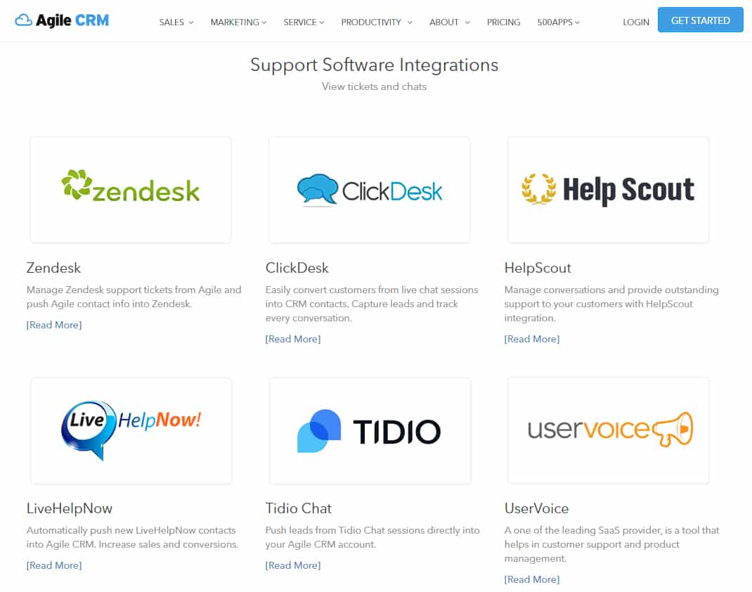 Agile CRM Support software integrations.